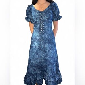 Blue floral midi dress with puffy sleeves